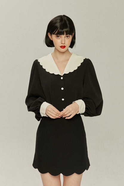 スカラップデザインビッグカラーブラウス-Black