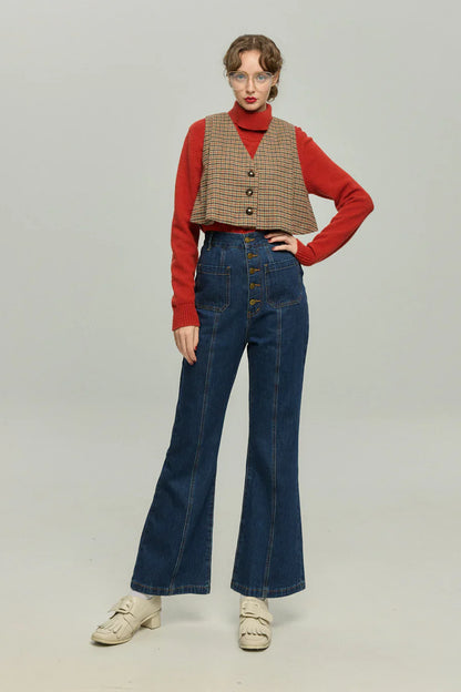 フロントボタンハイウエストデニムパンツ-Navy