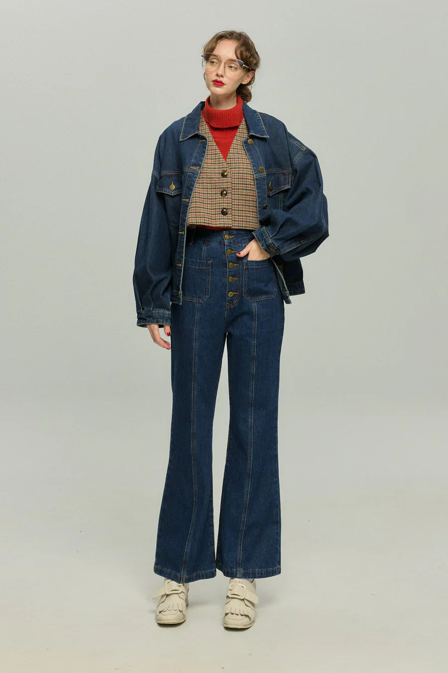 フロントボタンハイウエストデニムパンツ-Navy