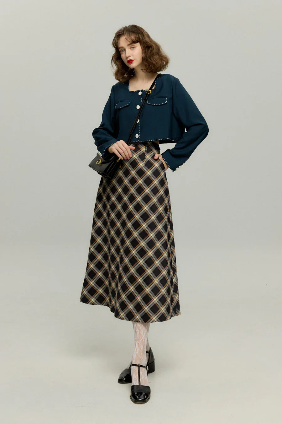 ハイウエストチェックAラインスカート-Navy