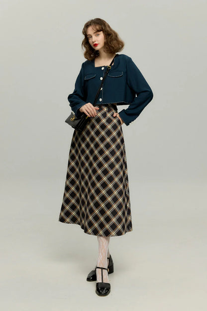 ハイウエストチェックAラインスカート-Navy