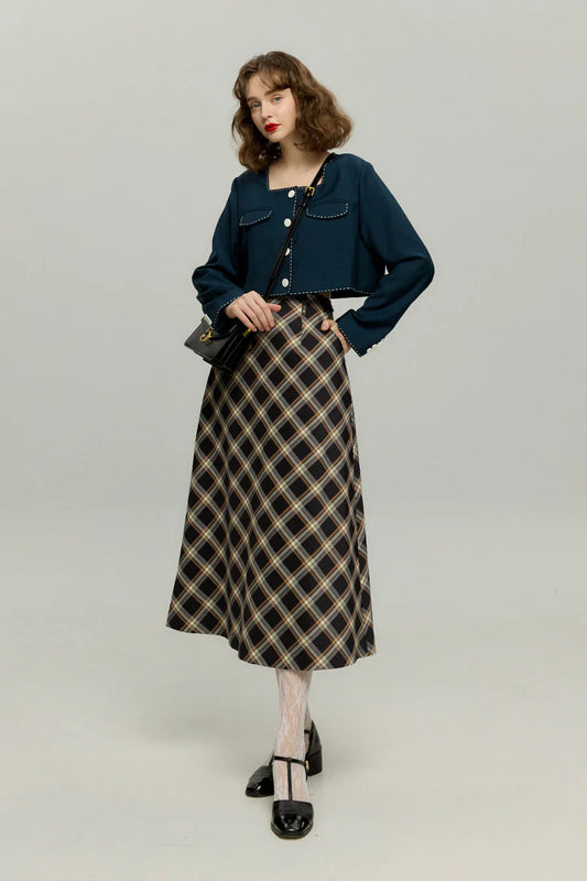 ハイウエストチェックAラインスカート-Navy