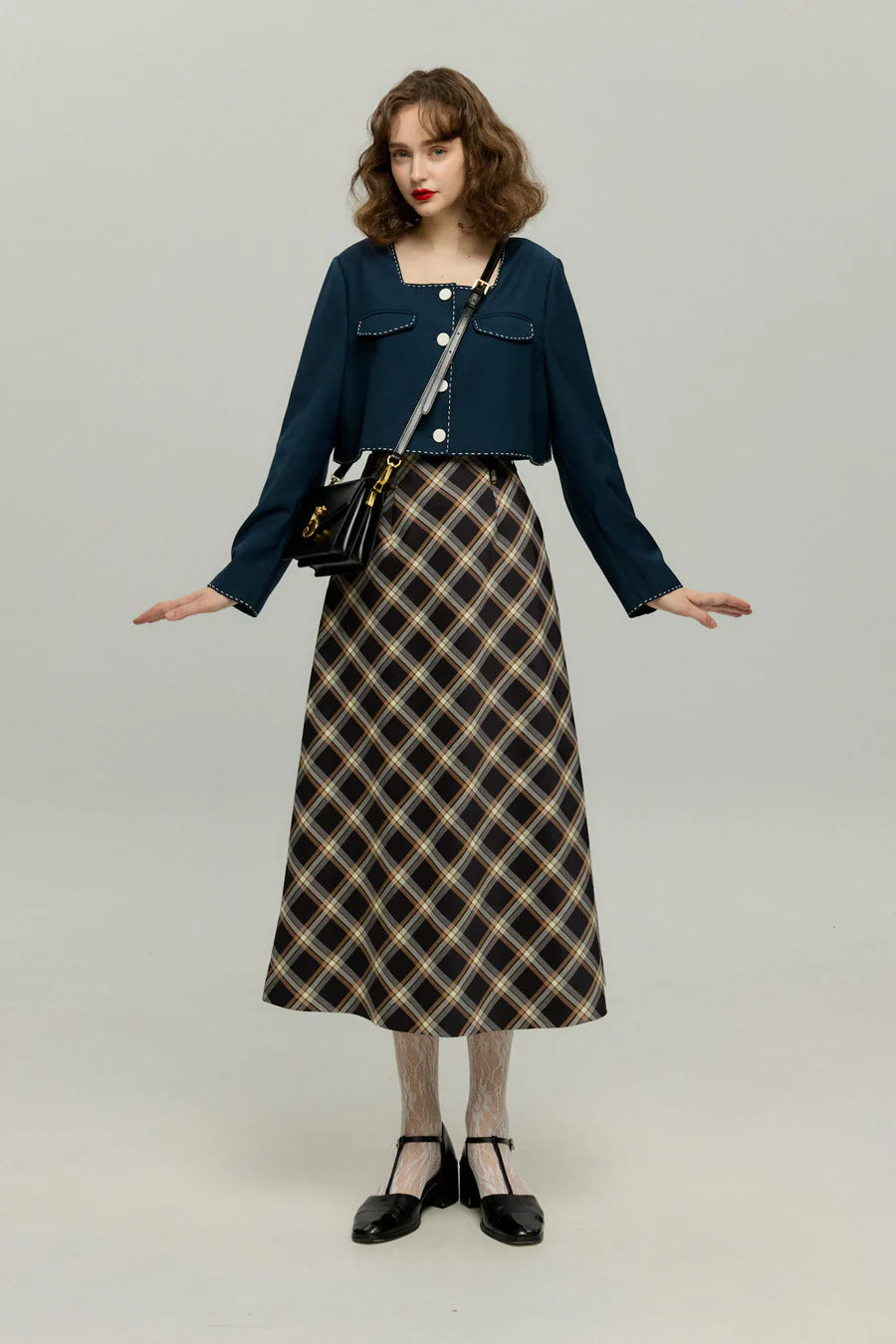 ハイウエストチェックAラインスカート-Navy