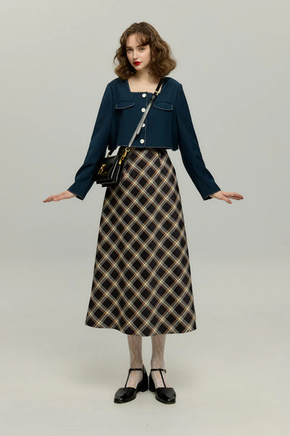 ハイウエストチェックAラインスカート-Navy