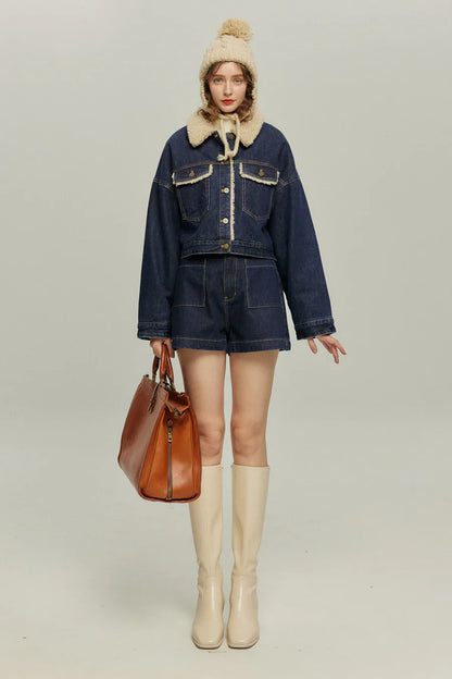 ハイウエストショートデニムパンツ-Navy
