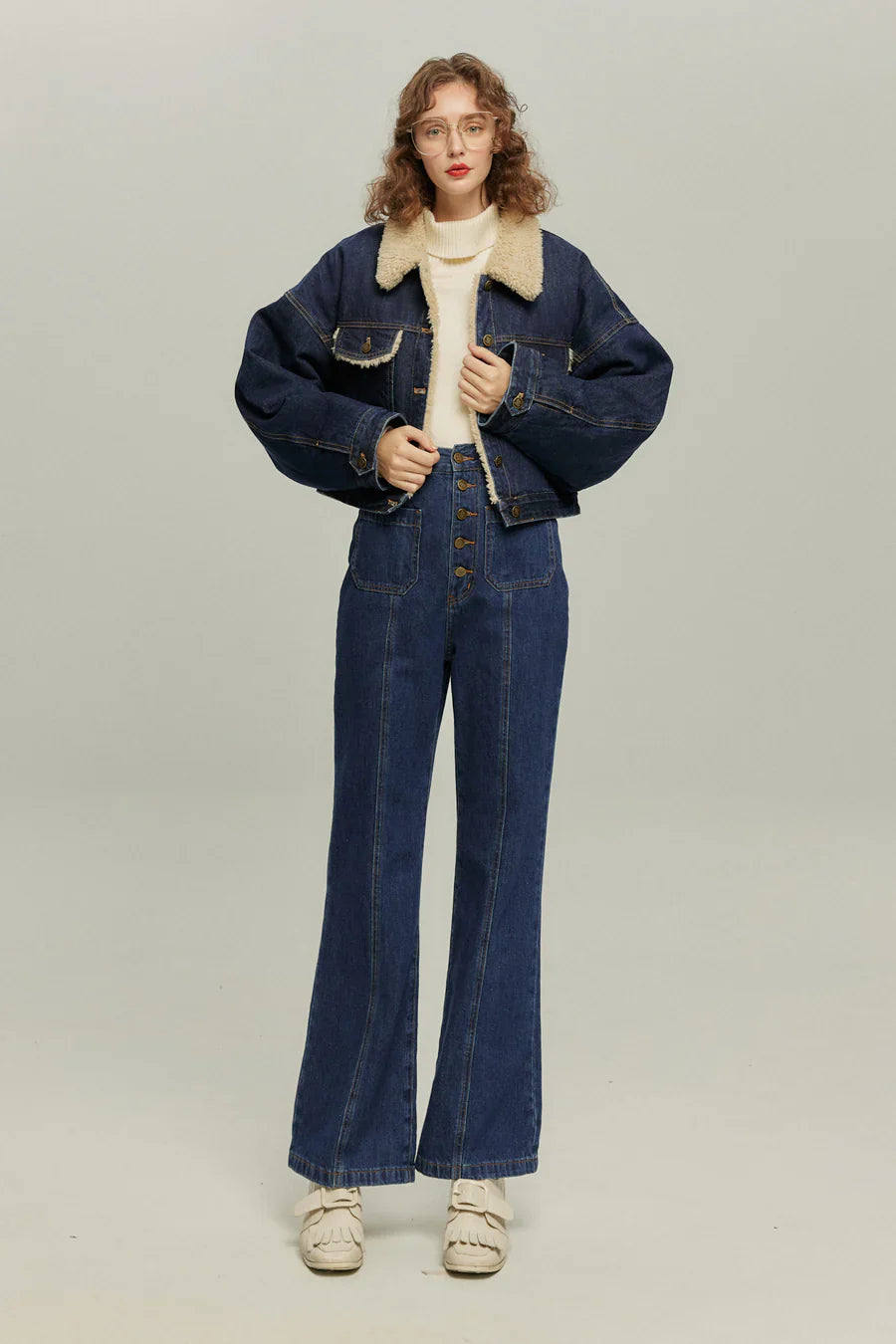 フロントボタンハイウエストデニムパンツ-Navy
