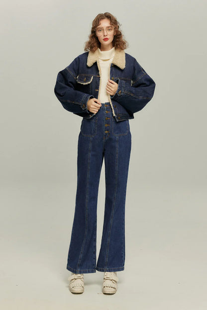 フロントボタンハイウエストデニムパンツ-Navy
