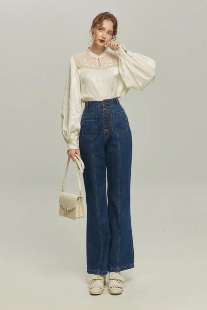 フロントボタンハイウエストデニムパンツ-Navy