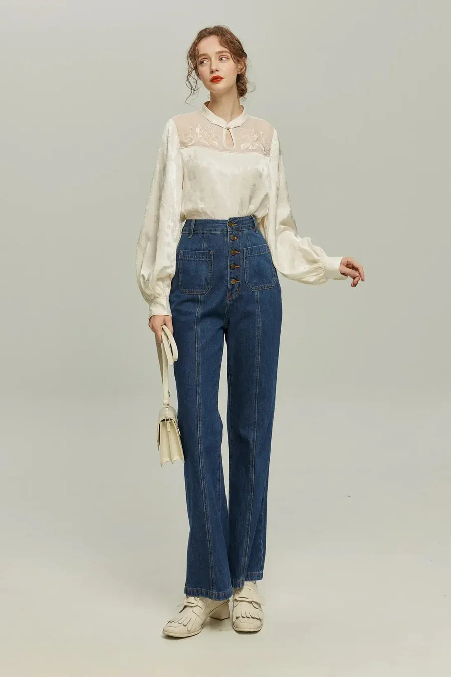 フロントボタンハイウエストデニムパンツ-Navy