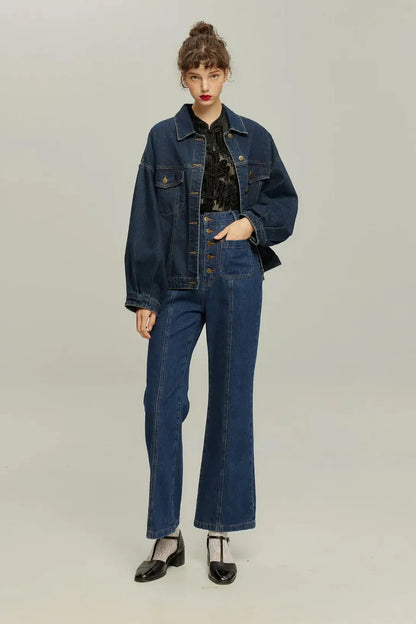 フロントボタンハイウエストデニムパンツ-Navy