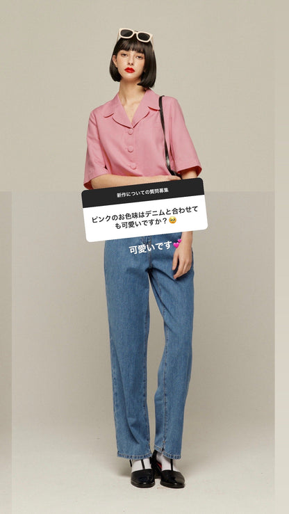 ハイウエストストレートデニムパンツ-Blue