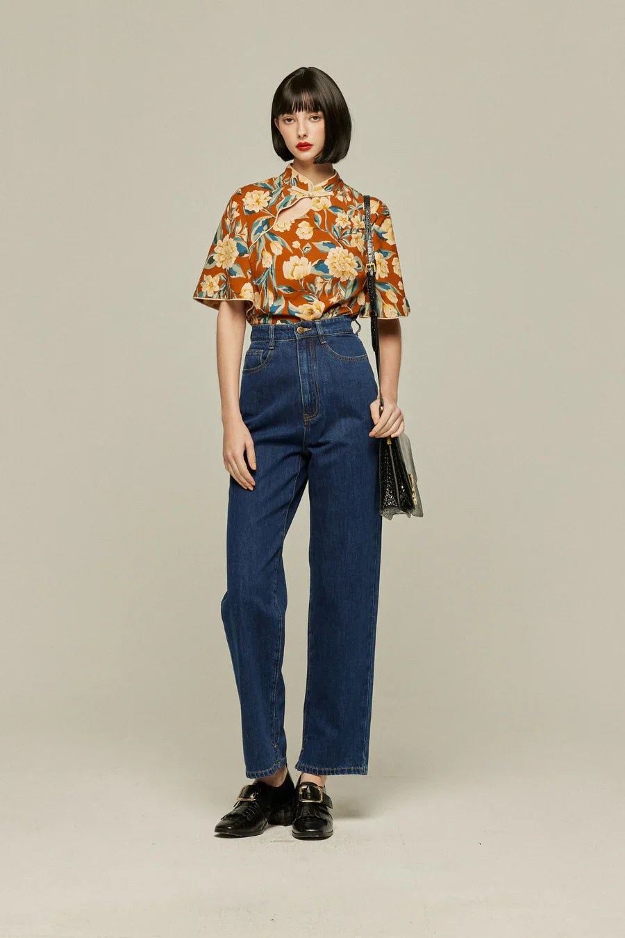 ハイウエストストレートデニムパンツ-Navy