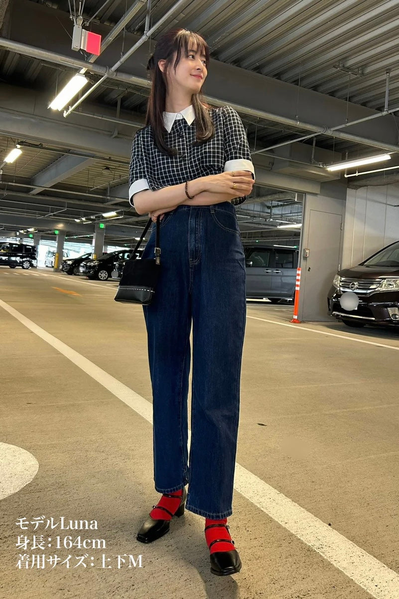ハイウエストストレートデニムパンツ-Navy
