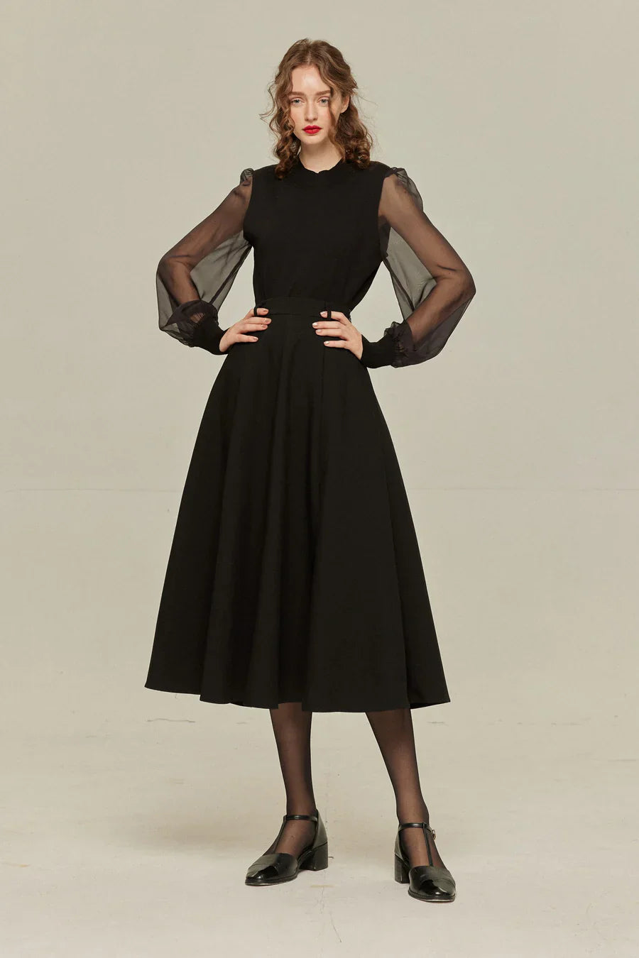 シースルースリーブニットトップ-Black
