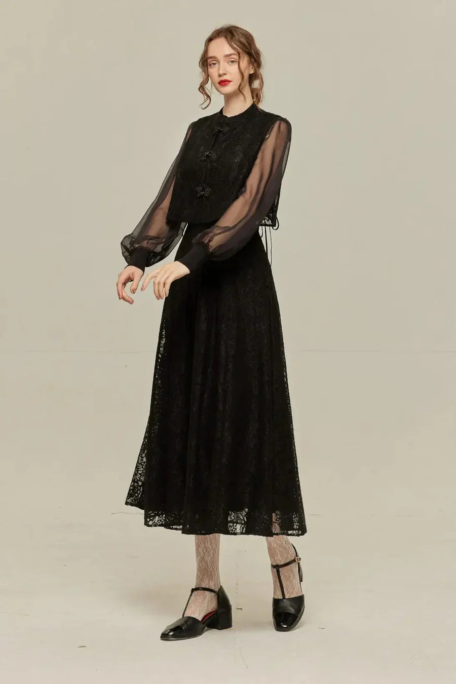 シースルースリーブニットトップ-Black