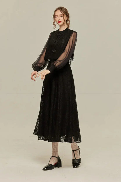 シースルースリーブニットトップ-Black