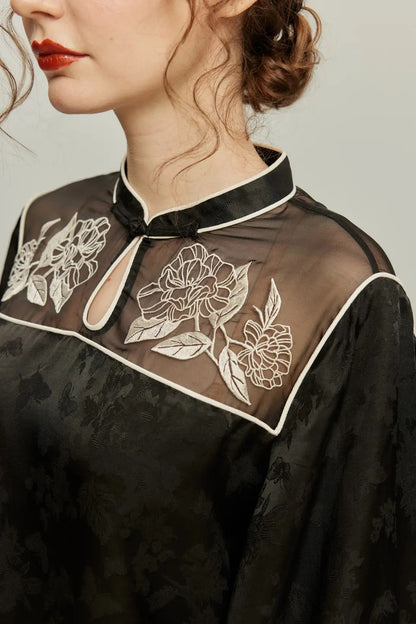 オリジナル刺繍シノワズリブラウス-Black