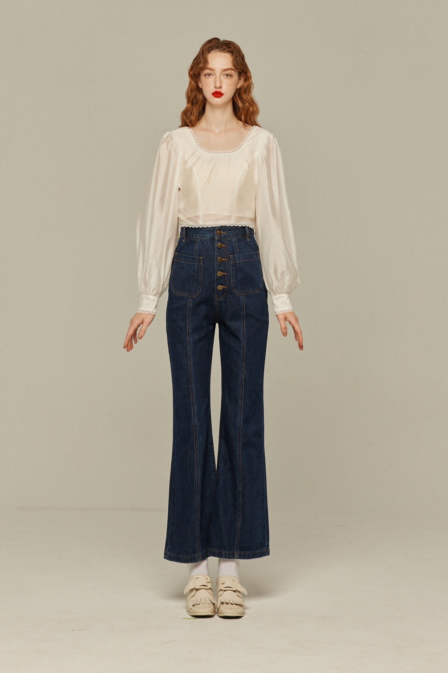 フロントボタンハイウエストデニムパンツ-Navy