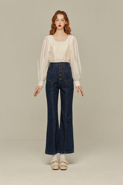 フロントボタンハイウエストデニムパンツ-Navy