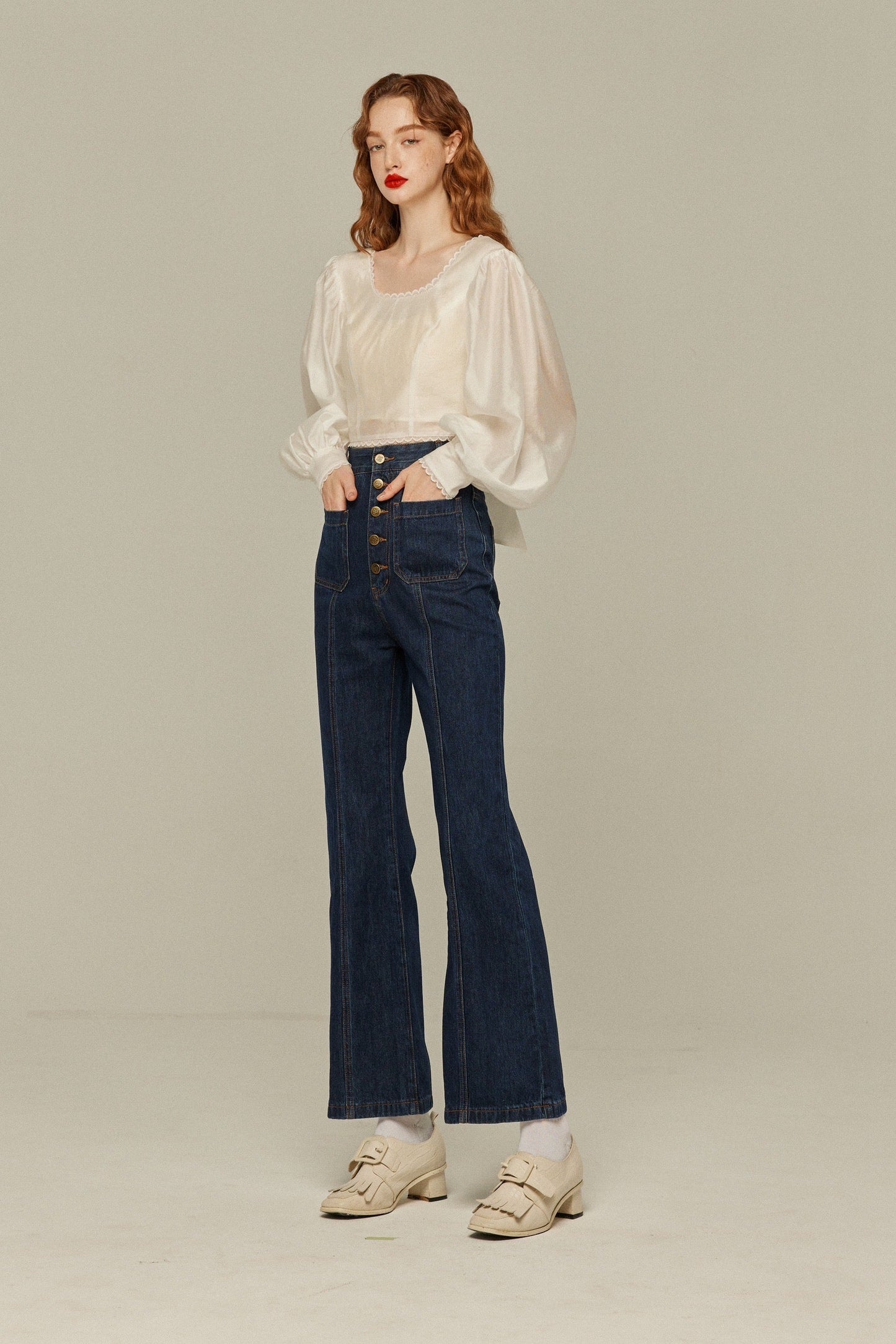 フロントボタンハイウエストデニムパンツ-Navy