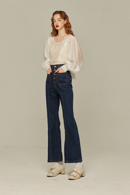 フロントボタンハイウエストデニムパンツ-Navy