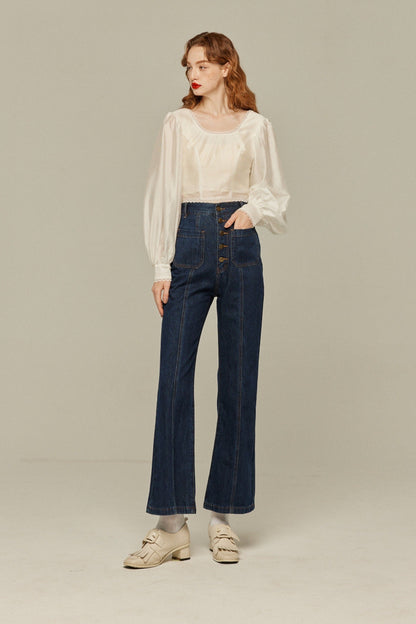 フロントボタンハイウエストデニムパンツ-Navy