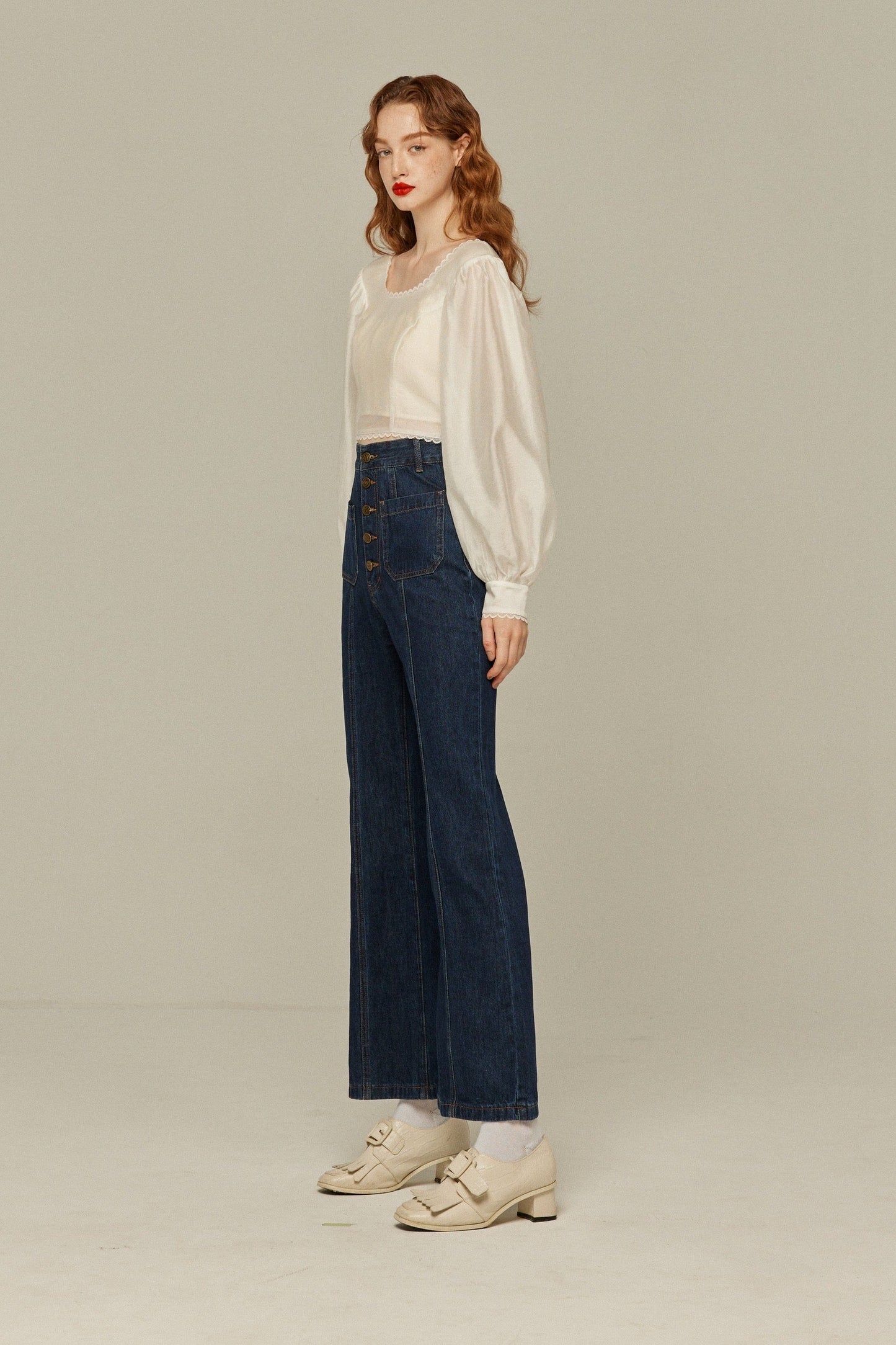 フロントボタンハイウエストデニムパンツ-Navy
