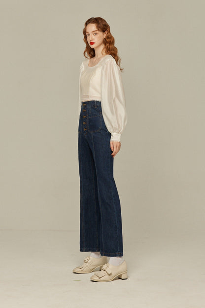 フロントボタンハイウエストデニムパンツ-Navy