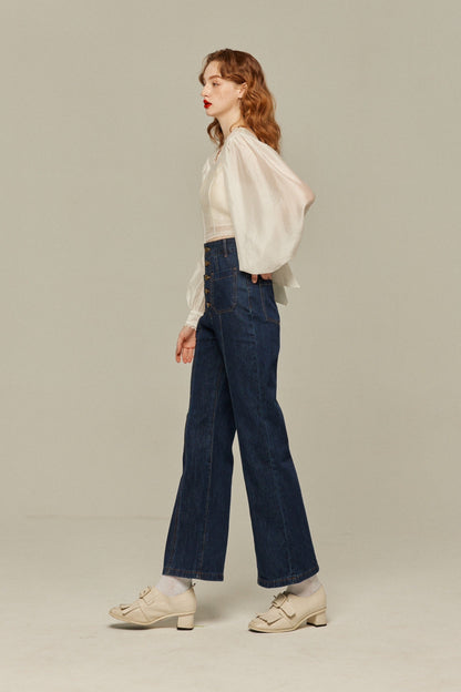 フロントボタンハイウエストデニムパンツ-Navy