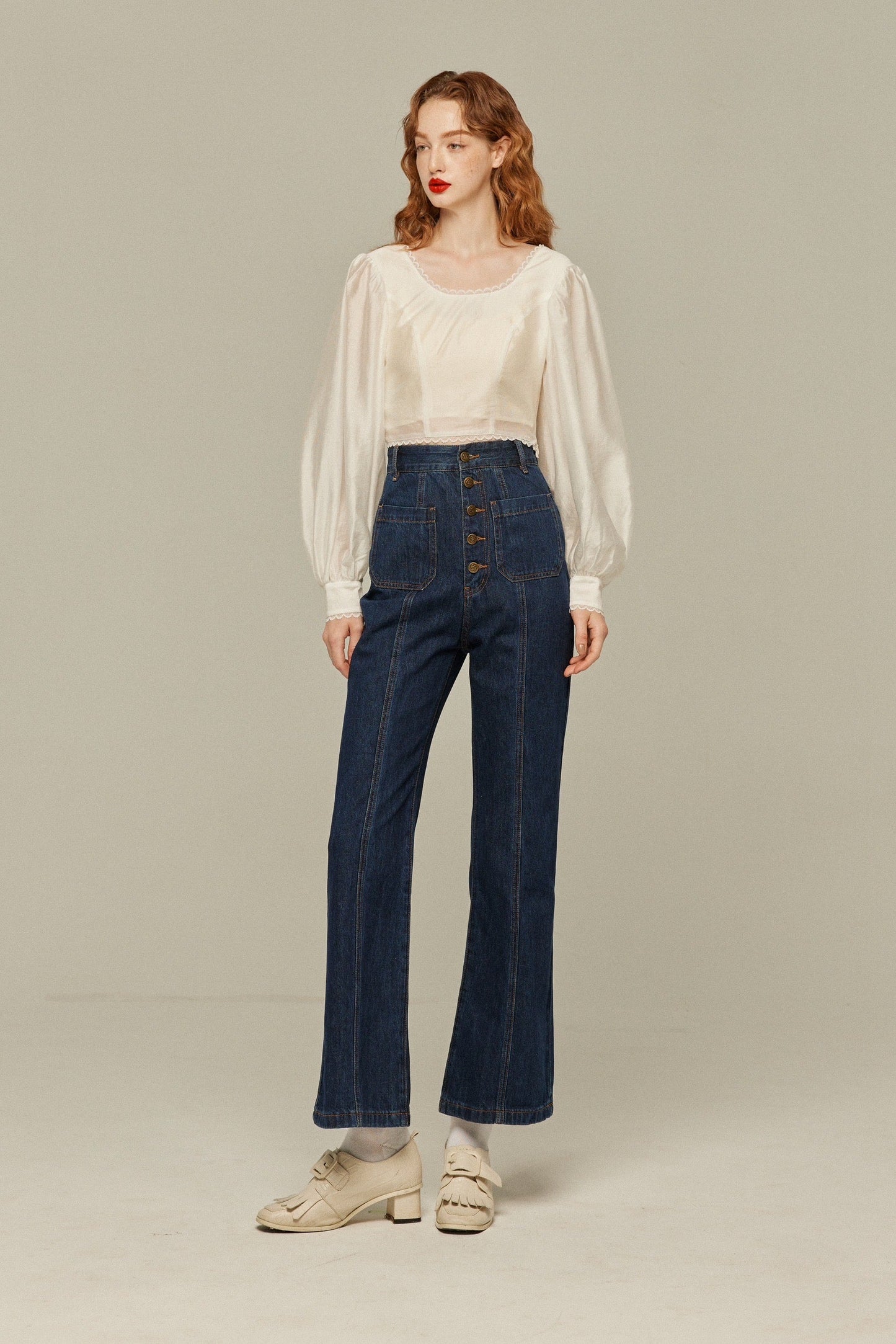 フロントボタンハイウエストデニムパンツ-Navy