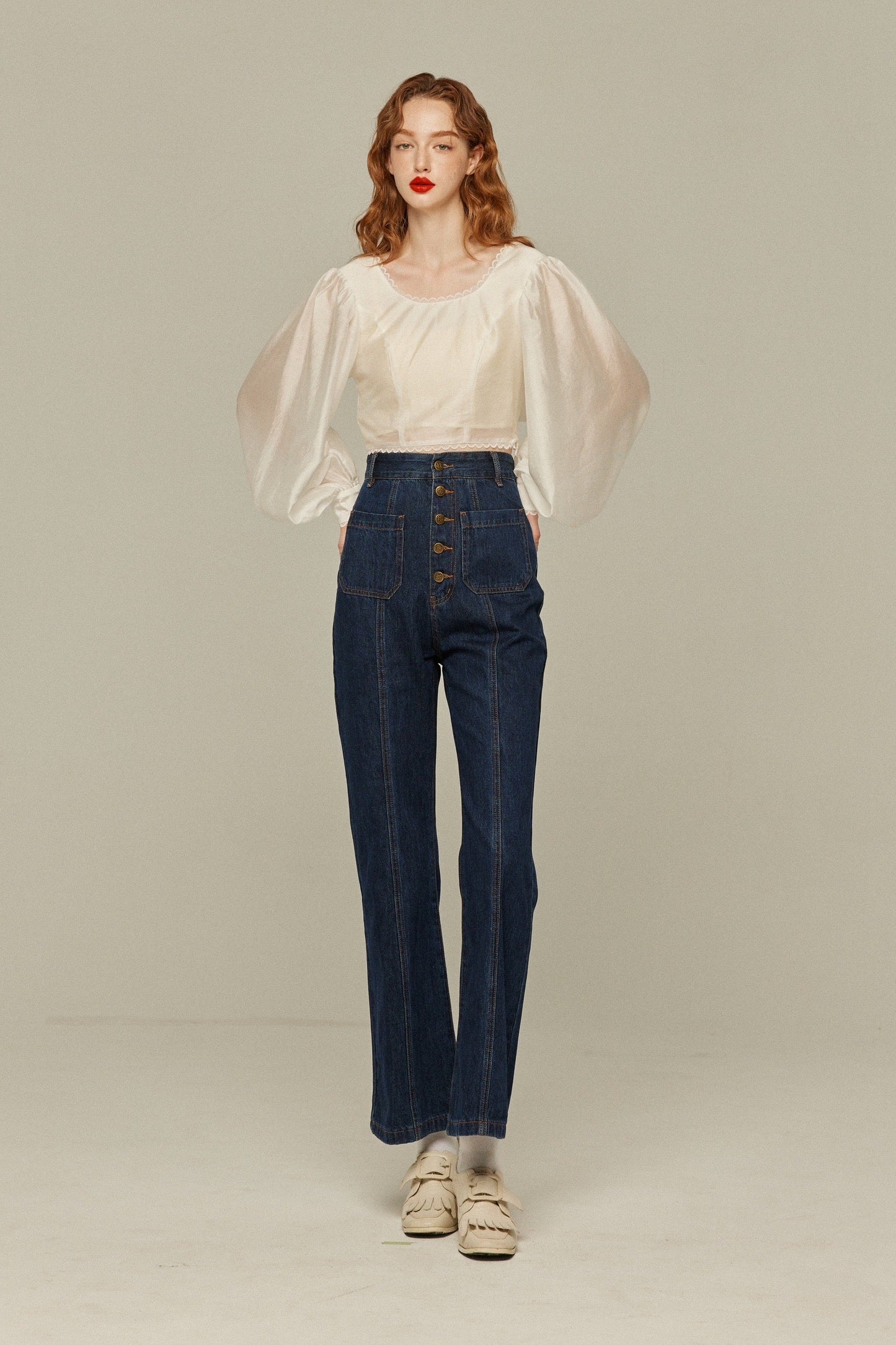 フロントボタンハイウエストデニムパンツ-Navy