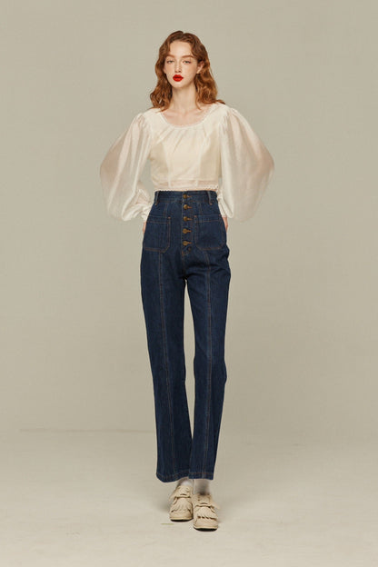 フロントボタンハイウエストデニムパンツ-Navy