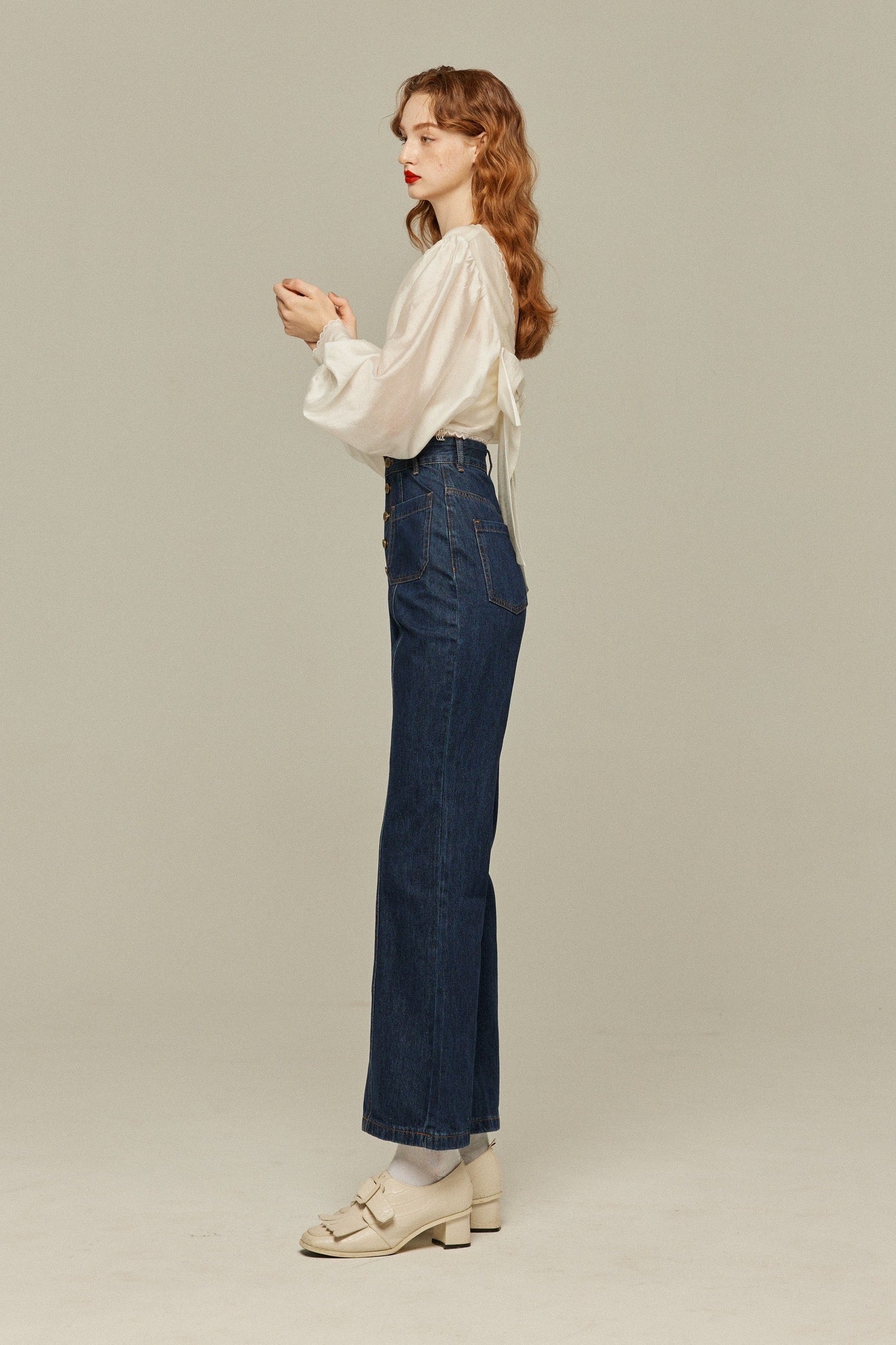 フロントボタンハイウエストデニムパンツ-Navy