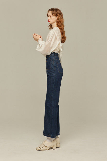 フロントボタンハイウエストデニムパンツ-Navy