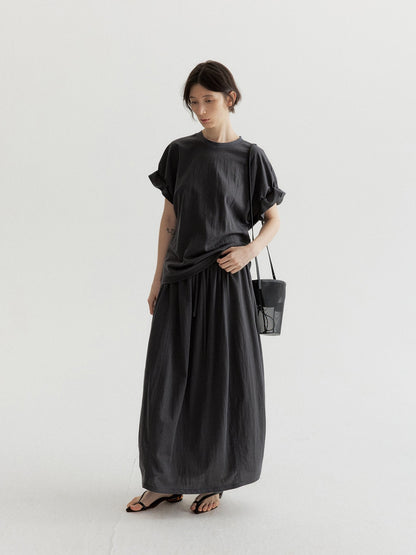 リネン混フリルスリーブドロップショルダーTシャツ