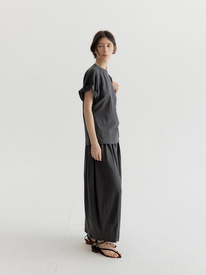 リネン混フリルスリーブドロップショルダーTシャツ