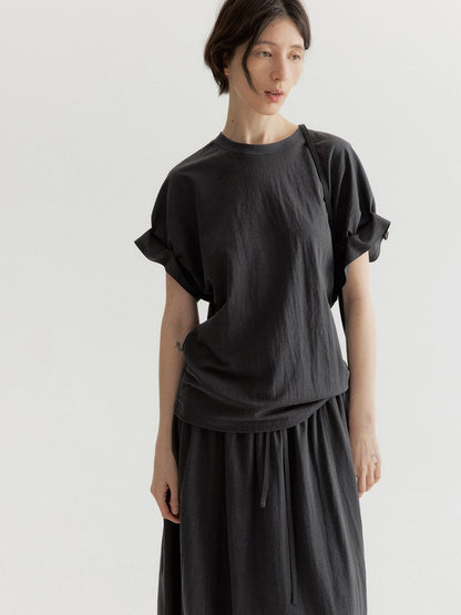 リネン混フリルスリーブドロップショルダーTシャツ
