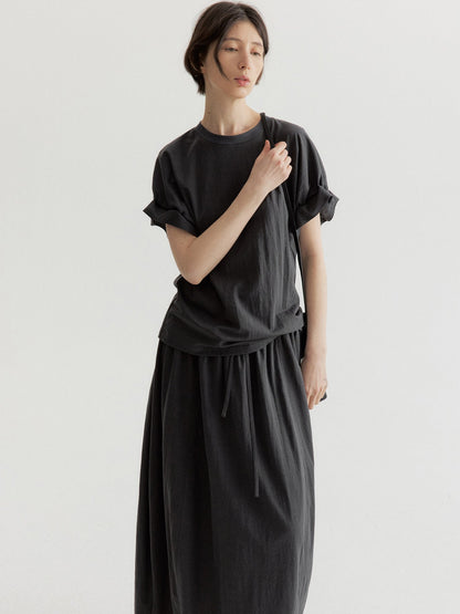 リネン混フリルスリーブドロップショルダーTシャツ