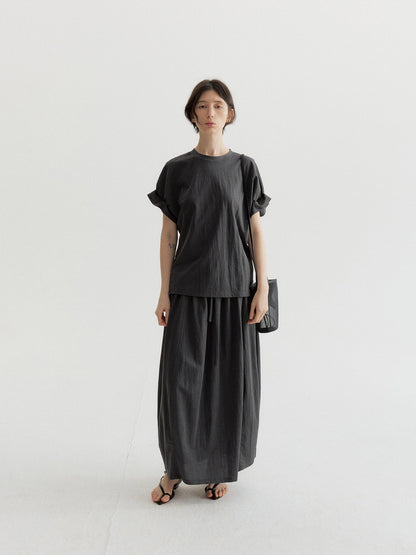 リネン混フリルスリーブドロップショルダーTシャツ