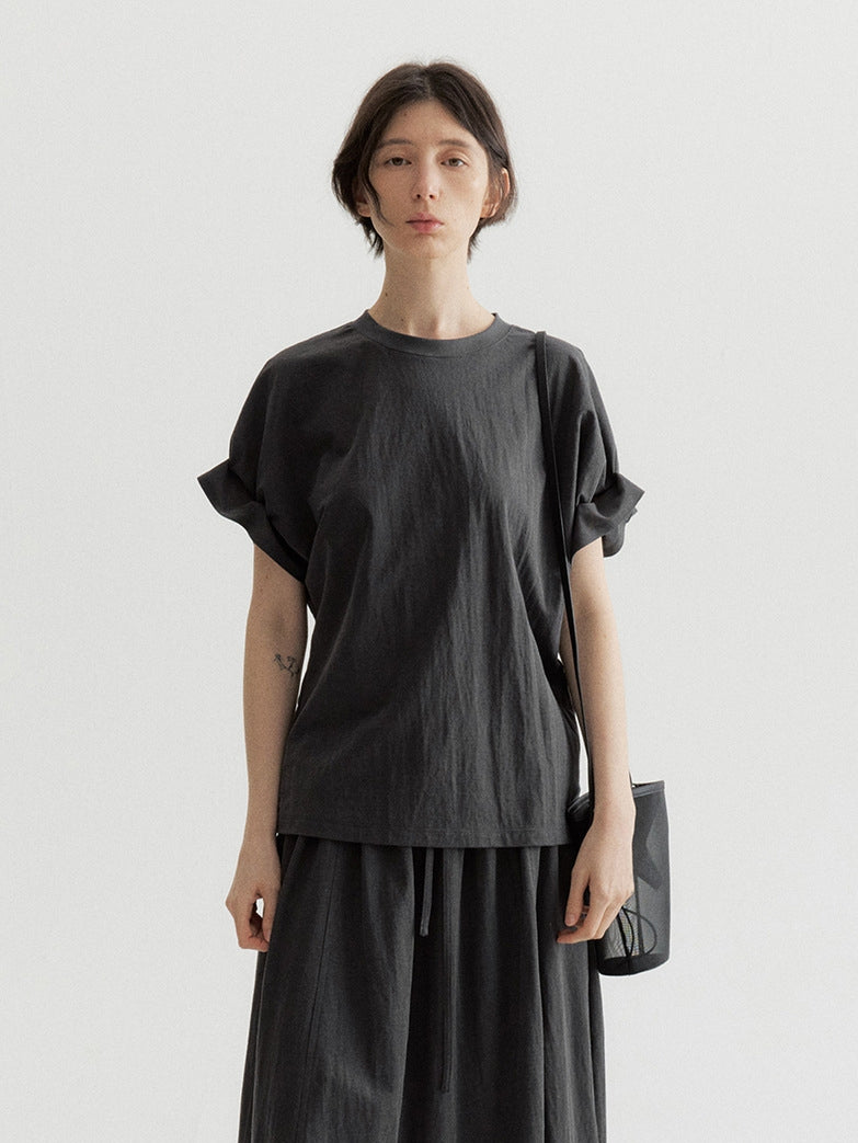 リネン混フリルスリーブドロップショルダーTシャツ
