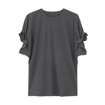 リネン混フリルスリーブドロップショルダーTシャツ