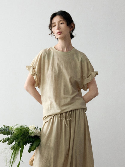 リネン混フリルスリーブドロップショルダーTシャツ