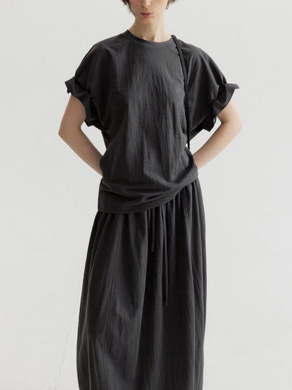 リネン混フリルスリーブドロップショルダーTシャツ