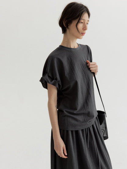 リネン混フリルスリーブドロップショルダーTシャツ