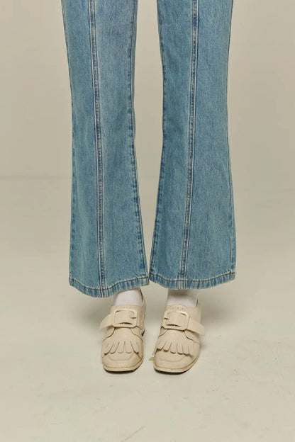 ハイウエストフロントボタンデニムパンツ-Blue