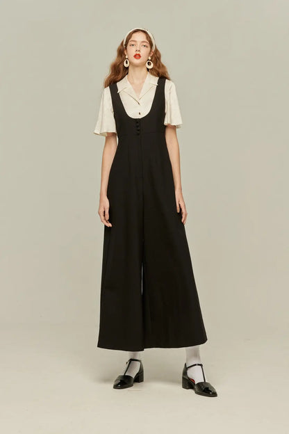ハイウエストデザインバッククロスサロペット-Black