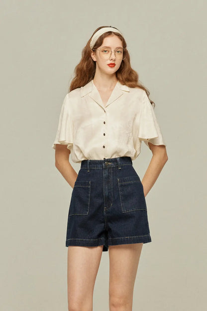 ハイウエストショートデニムパンツ-Navy