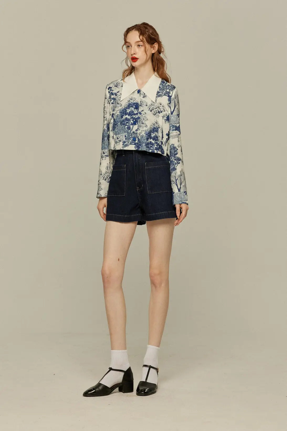 ハイウエストショートデニムパンツ-Navy