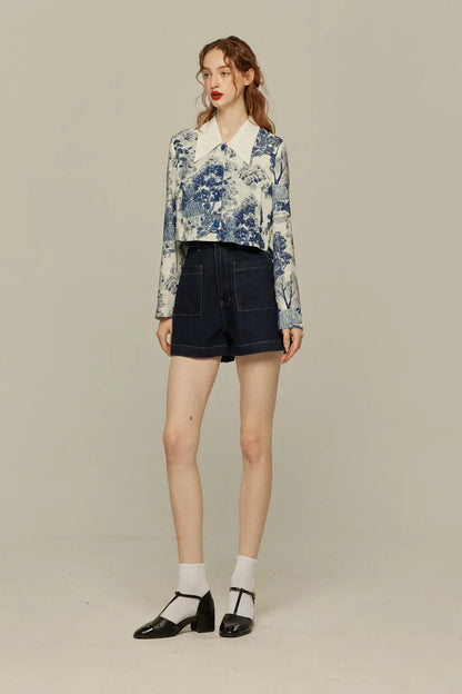 ハイウエストショートデニムパンツ-Navy