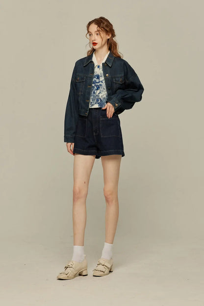 ハイウエストショートデニムパンツ-Navy